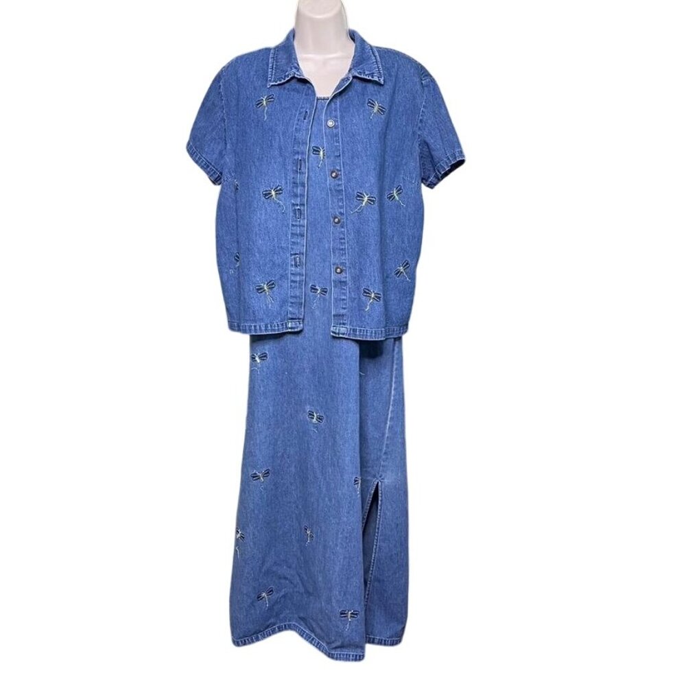 Vintage Jane Ashley Denim Dress Modest Womens Blue Jean Maxi Dragonfly u  Set
